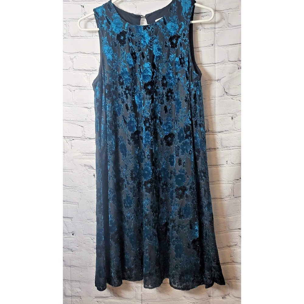 Calvin Klein Dress Womens 6 Blue Floral Velvet Sleeveless Babydol Party Cocktail